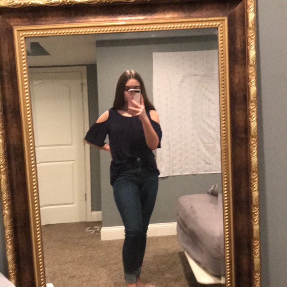 dark blue open shoulder shirt